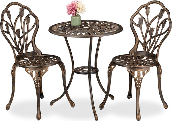 Set di mobili da giardino Relaxdays, 3 pezzi, tavolo, 2 sedie, fusione di alluminio, mobili da balcone in stile antico, salottino da giardino, nero/bronzo
