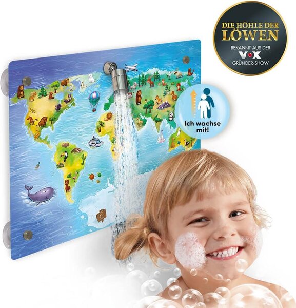 Fredis Doccia per bambini a tema "Mondo" | Divertenti avventure acquatiche per bambini, installazione senza foratura, pannello decorativo con soffione, tubo flessibile e 2 tipi di getto