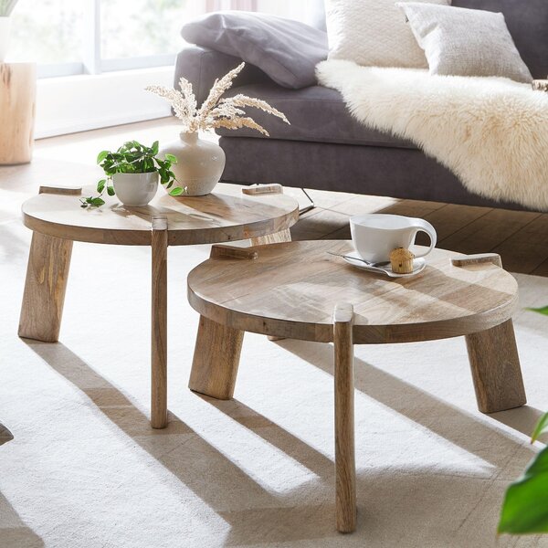 FineBuy set di 2 tavolini in legno massiccio di mango rotondi naturali - Tavolino da salotto di design giapponese - Tavolini fatti a mano in vero legno