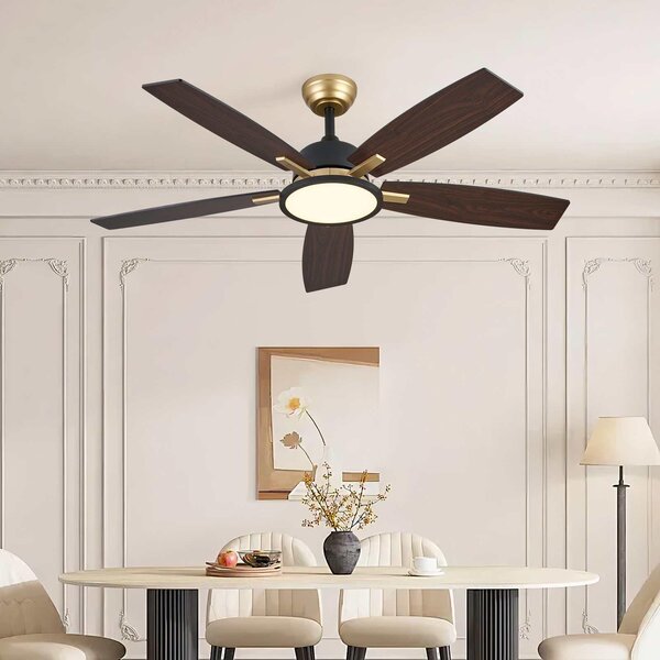 Ventilatore a soffitto ZELURXX con LED, diametro 132 cm (52 pollici), 5 pale in compensato, colore nero e oro, reversibile, con telecomando, 6 velocità, dimmerabile, silenzioso, adatto per l'estate e l'inverno
