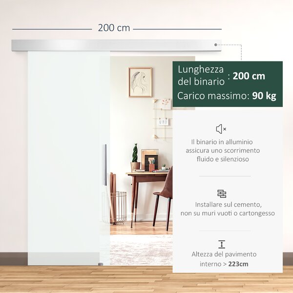 HOMCOM Porta Scorrevole in Vetro Trasparente con Binario e Maniglia in Alluminio per Bagno Cucina Studio 210x75x0.8cm