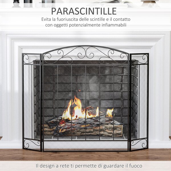 HOMCOM Parascintille Caminetto con 3 Pannelli Pieghevoli in Metallo e Acciaio Nero 105x1.6x80.5cm|Aosom