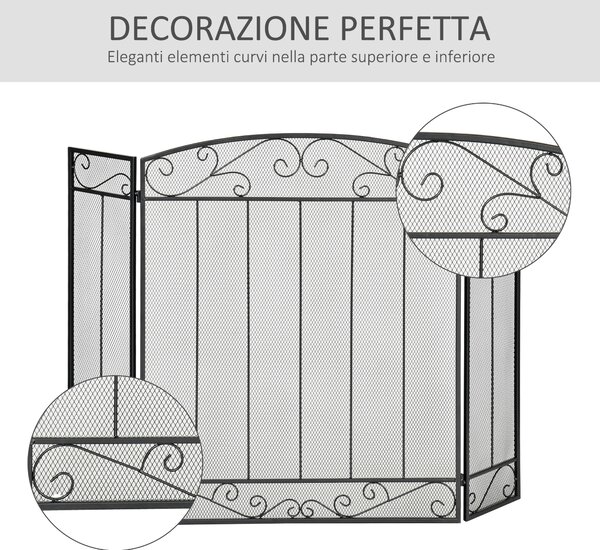 HOMCOM Parascintille Caminetto con 3 Pannelli Pieghevoli in Metallo e Acciaio Nero 105x1.6x80.5cm|Aosom