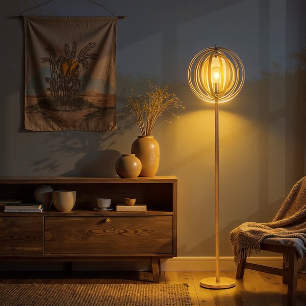HOMCOM Lampada da Terra per Soggiorno Design, Paralume con Anelli Regolabili in Legno, Lampadine E27, Ф38 x 160 cm