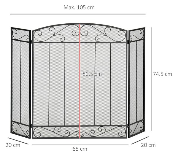 HOMCOM Parascintille Caminetto con 3 Pannelli Pieghevoli in Metallo e Acciaio Nero 105x1.6x80.5cm|Aosom