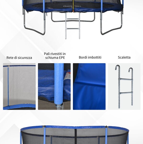HOMCOM Tappeto Elastico per Bambini e Adulti con Rete e Bordo Imbottito, Giochi da Giardino e Casa Φ244x240cm Blu e Nero|Aosom