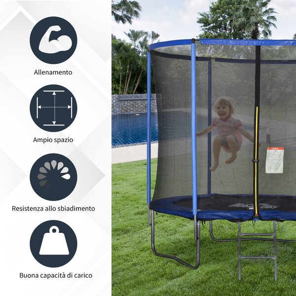 HOMCOM Tappeto Elastico per Bambini e Adulti con Rete e Bordo Imbottito, Giochi da Giardino e Casa Φ244x240cm Blu e Nero|Aosom