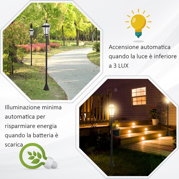 Outsunny Set 2 Lampioni Solari per Giardino con 2 LED e Accensione Automatica, Nero|Aosom