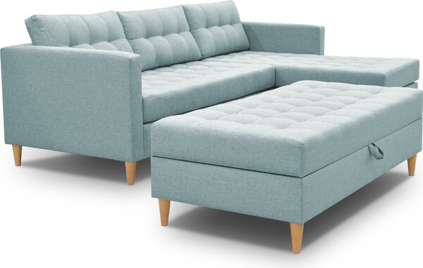 3xDivano angolare living MALORY - divano letto moderno con poggiapiedi, in azzurro, gambe in legno, pouf montabile su entrambi i lati, larghezza 220 cm, 6 varianti di colore