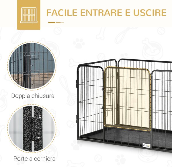 PawHut Box per Cani Recinzione in Metallo per Animali con 4 Pannelli, Porta con Doppio Blocco e Vassoio sul Fondo, 109x74x71cm, Grigio|Aosom
