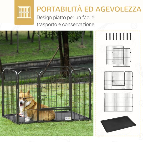 PawHut Box per Cani Recinzione in Metallo per Animali con 4 Pannelli, Porta con Doppio Blocco e Vassoio sul Fondo, 109x74x71cm, Grigio|Aosom