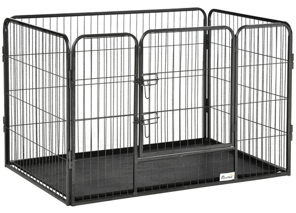PawHut Box per Cani Recinzione in Metallo per Animali con 4 Pannelli, Porta con Doppio Blocco e Vassoio sul Fondo, 109x74x71cm, Grigio|Aosom