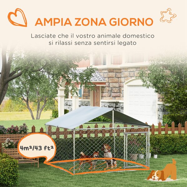 PawHut Recinto per Cani Taglia Media da Esterno con Tetto Impermeabile, 200x200x150cm, Argento|Aosom
