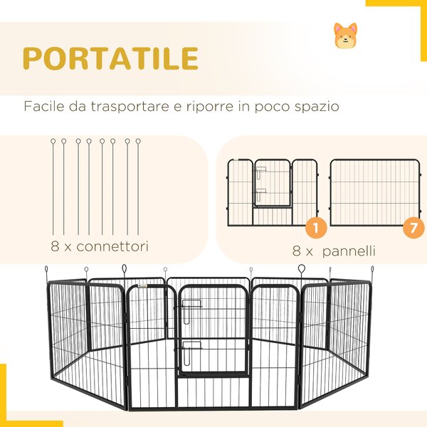 PawHut Recinto per Cani a 8 Pezzi Modulabili per Interno ed Esterno, con Accesso Sicuro, Facile da Riporre, in Acciaio, 80x60 cm, Nero | Aosom Italy