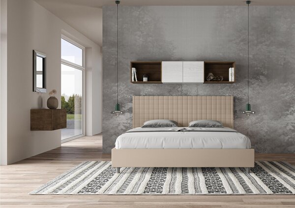 Letto matrimoniale SUNNY king size con giroletto imbottito, rivestimento in Microfibra dimensioni 180x190 cm testata con fantasia a quadretti, colore Tortora
