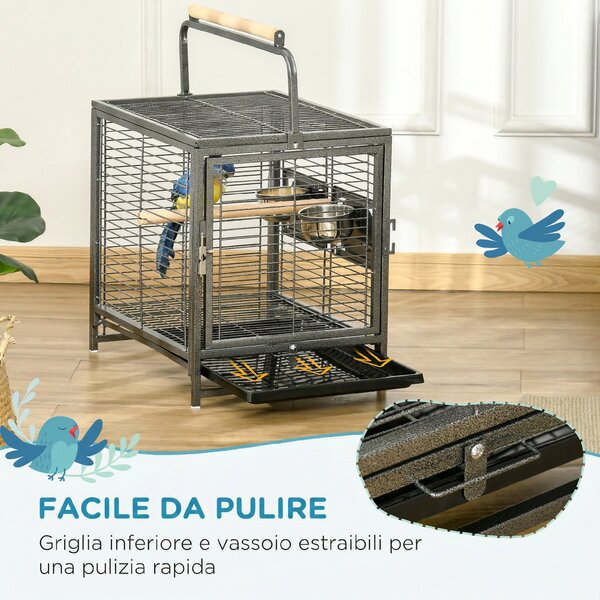 PawHut Gabbia per Pappagalli con Vassoio rimovibile, Ciotole in Acciaio e 2 Posatoi, 48x38x65cm Nero | Aosom Italy