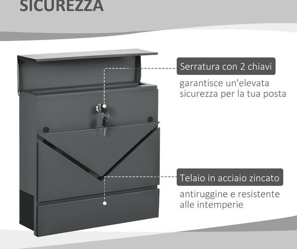 HOMCOM Cassetta Postale in Acciaio Zincato con Portagiornali e 2 Chiavi di Sicurezza, 37x10.5x37 cm, Grigio|Aosom