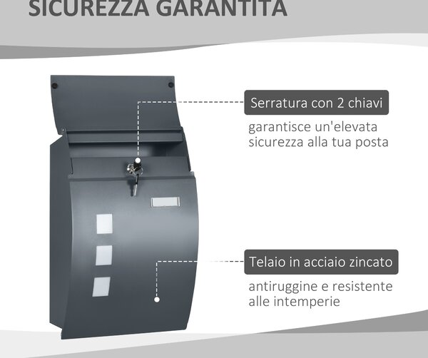 HOMCOM Cassetta Postale Ricurva in Acciaio Zincato con 3 Fessure e 2 Chiavi di Sicurezza 45x10x32 cm, Grigio|Aosom