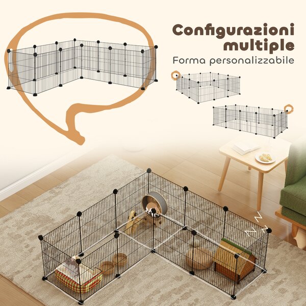 PawHut Recinto per Animali Modulabile con 12 Pannelli 35x35 cm e Bordi Arrotondati, in Metallo e ABS, 140x70x35 cm, Nero
