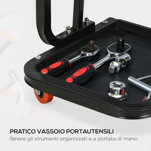 HOMCOM Sgabello da Officina Imbottito con Ruote e Vassoio Porta Attrezzi in Acciaio e PU, 38x35x37cm, Rosso|Aosom