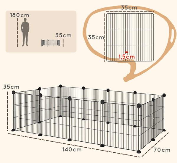 PawHut Recinto per Animali Modulabile con 12 Pannelli 35x35 cm e Bordi Arrotondati, in Metallo e ABS, 140x70x35 cm, Nero