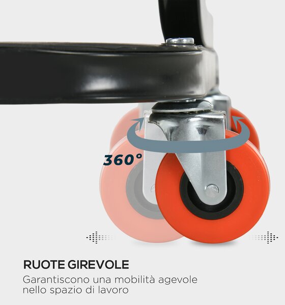 HOMCOM Sgabello da Officina Imbottito con Ruote e Vassoio Porta Attrezzi in Acciaio e PU, 38x35x37cm, Rosso|Aosom