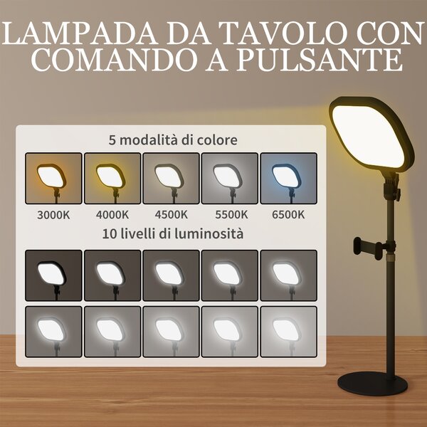 HOMCOM Lampada da Scrivania LED con Supporto per Telefono, 5 Colori di Luce e 10 Luminosità, Nero | Aosom Italy