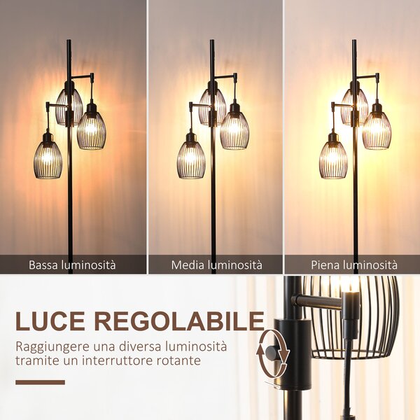 HOMCOM Lampada da Terra Industriale con 3 Paralumi e Intensità Regolabile, in Acciaio, 30x30x170.5 cm, Nero | Aosom Italy