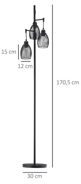 HOMCOM Lampada da Terra Industriale con 3 Paralumi e Intensità Regolabile, in Acciaio, 30x30x170.5 cm, Nero | Aosom Italy