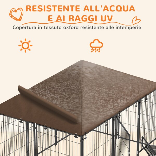 PawHut Recinto per Cani con Porticina per Ciotole, in Metallo e Tessuto Oxford, 211x141x151 cm, Nero e Marrone | Aosom Italy