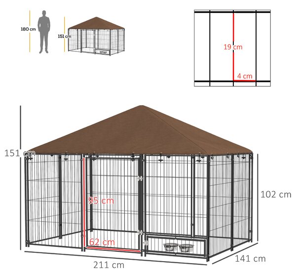 PawHut Recinto per Cani con Porticina per Ciotole, in Metallo e Tessuto Oxford, 211x141x151 cm, Nero e Marrone | Aosom Italy