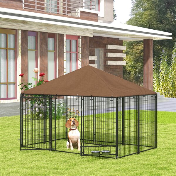 PawHut Recinto per Cani con Porticina per Ciotole, in Metallo e Tessuto Oxford, 211x141x151 cm, Nero e Marrone | Aosom Italy