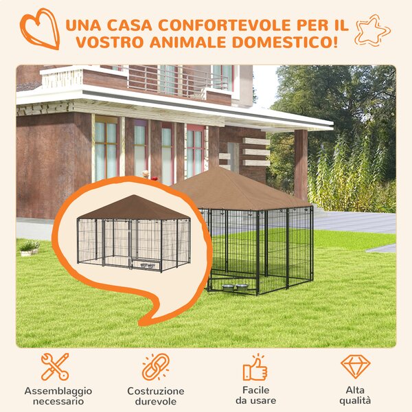 PawHut Recinto per Cani con Porticina per Ciotole, in Metallo e Tessuto Oxford, 211x141x151 cm, Nero e Marrone | Aosom Italy