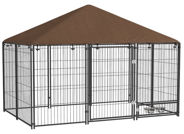 PawHut Recinto per Cani con Porticina per Ciotole, in Metallo e Tessuto Oxford, 211x141x151 cm, Nero e Marrone | Aosom Italy
