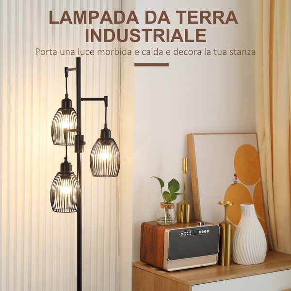 HOMCOM Lampada da Terra Industriale con 3 Paralumi e Intensità Regolabile, in Acciaio, 30x30x170.5 cm, Nero | Aosom Italy