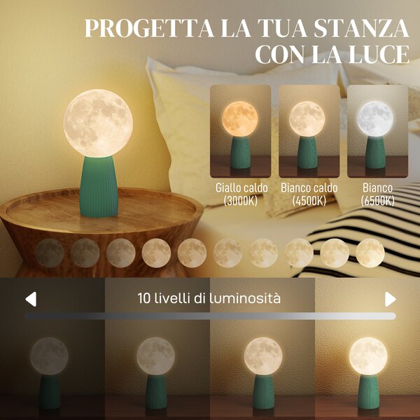 HOMCOM Lampada da Tavolo a Forma di Luna e 3 Colori con 10 Luminosità, in ABS, Ø15x28 cm, Bianco e Verde Scuro | Aosom Italy