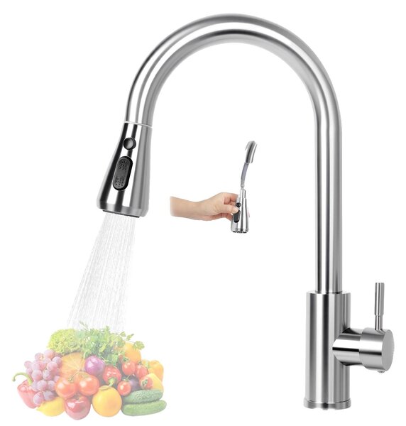 Rubinetto per lavello da cucina, con doccetta estraibile, girevole a 360°, colore argento
