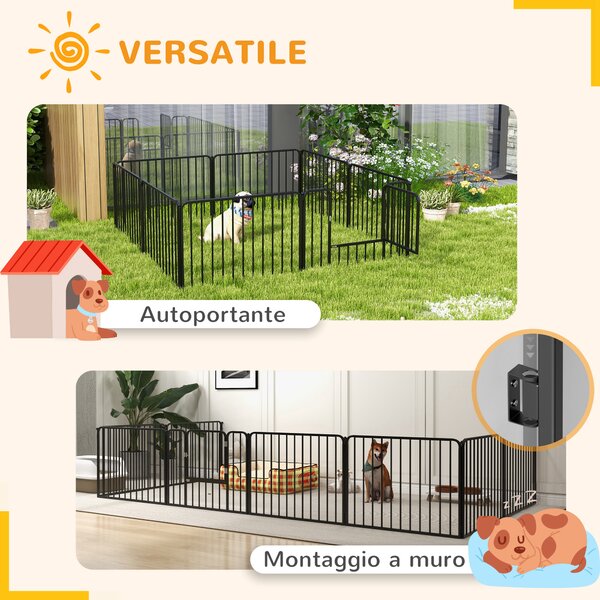 PawHut Recinto per Cani a 8 Pannelli Modulabili da Interno ed Esterno, in Acciaio, 164x164x60 cm, Nero | Aosom Italy