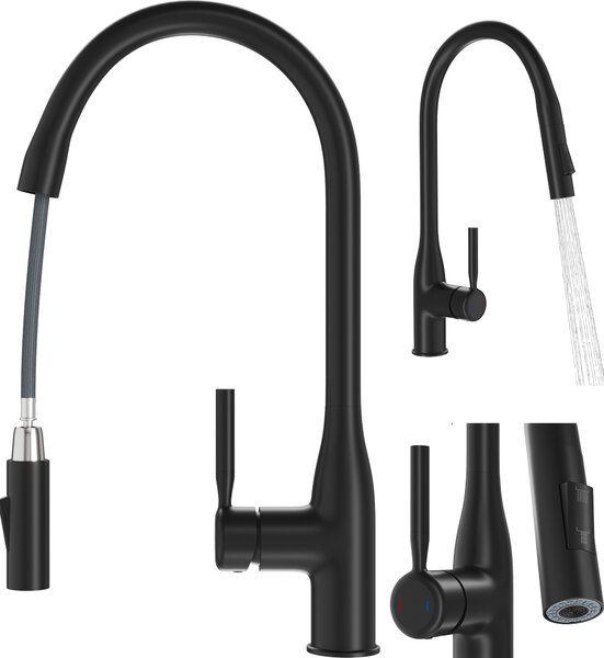 Granitan | FOSSA - Miscelatore da cucina - Bocca estraibile - 2 tipi di getto - Nero - Ottone - Caratteristica in Vetroceramica