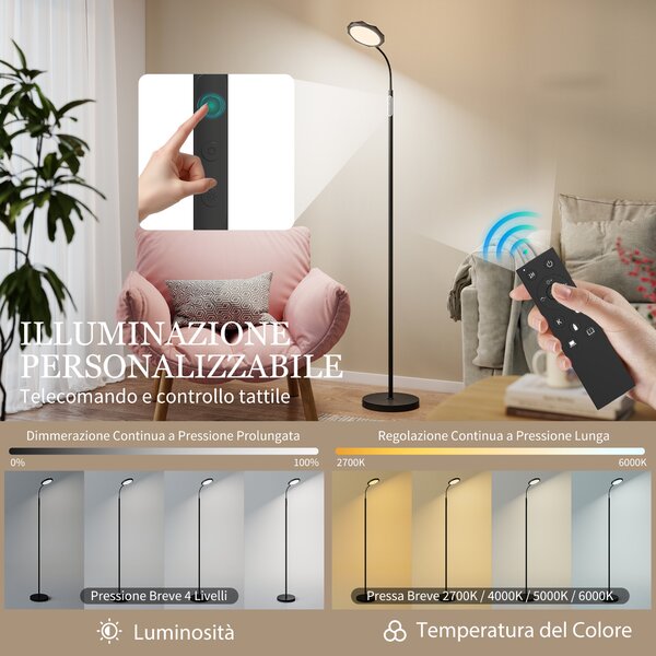 HOMCOM Lampada da Terra LED con Telecomando, Testa Girevole, Regolazione Luminosità e Temperatura, Nero | Aosom Italy