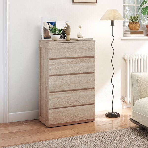 HOMCOM Cassettiera 5 Cassetti in Legno con Guide in Metallo e Maniglie Scanalate, 60x39x100 cm, color Faggio | Aosom Italy