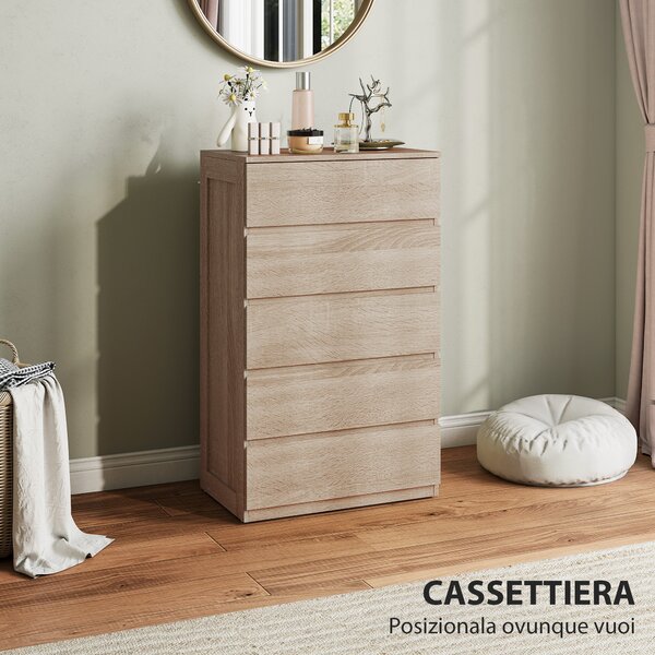 HOMCOM Cassettiera 5 Cassetti in Legno con Guide in Metallo e Maniglie Scanalate, 60x39x100 cm, color Faggio | Aosom Italy
