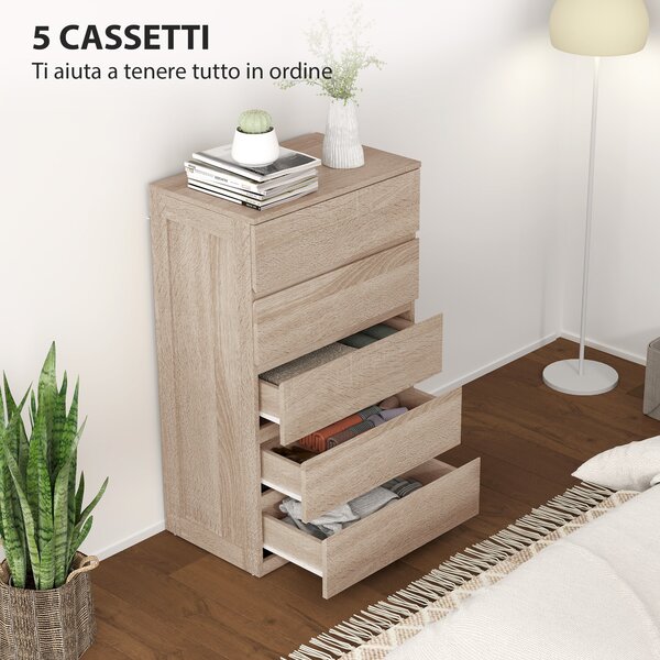 HOMCOM Cassettiera 5 Cassetti in Legno con Guide in Metallo e Maniglie Scanalate, 60x39x100 cm, color Faggio | Aosom Italy