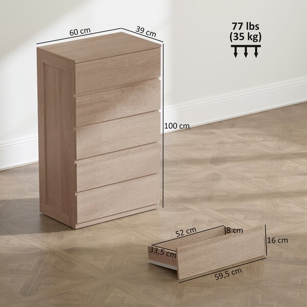 HOMCOM Cassettiera 5 Cassetti in Legno con Guide in Metallo e Maniglie Scanalate, 60x39x100 cm, color Faggio | Aosom Italy