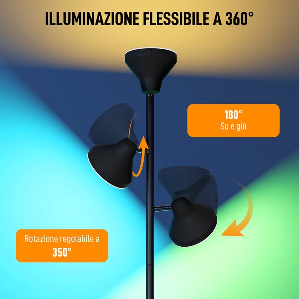 HOMCOM Lampada da Terra con 3 Teste Regolabili Indipendenti, Telecomando e Timer, in Acciaio e Plastica, Ø25x170 cm, Nero | Aosom Italy