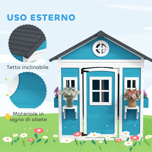 Outsunny Casetta per Bambini 3-8 Anni con Tetto Inclinabile, Vasi e Fioriere, in Legno di Abete, 114x126.4x135 cm | Aosom Italy