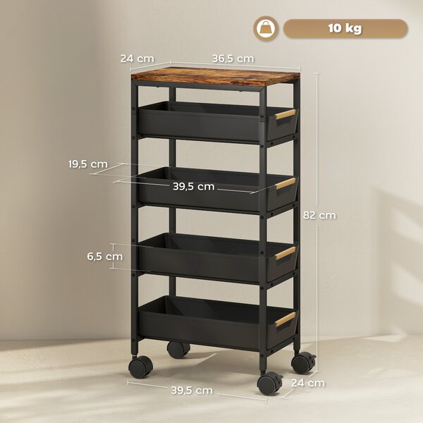 HOMCOM Carrello da Cucina a 5 Livelli con 4 Cesti Estraibili, in Metallo, PP e Legno, 39.5x24x82 cm, Nero e Rovere | Aosom Italy