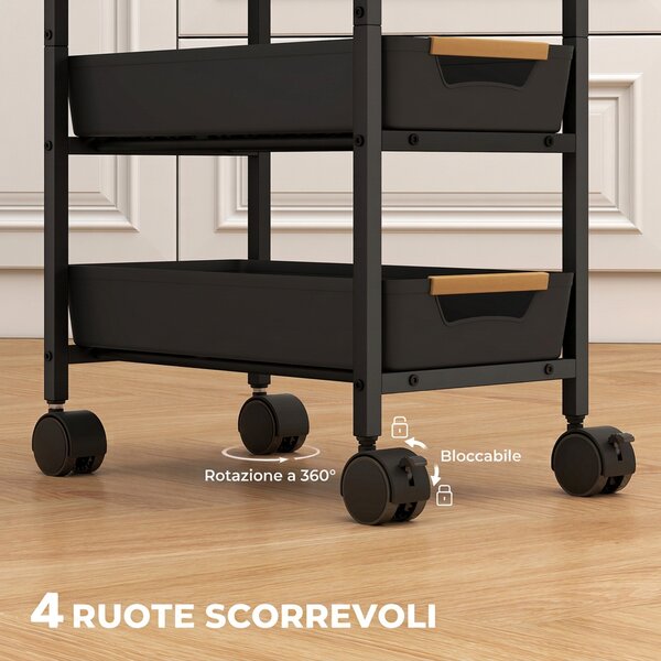 HOMCOM Carrello da Cucina a 5 Livelli con 4 Cesti Estraibili, in Metallo, PP e Legno, 39.5x24x82 cm, Nero e Rovere | Aosom Italy