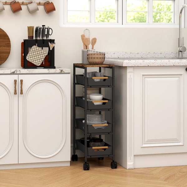 HOMCOM Carrello da Cucina a 5 Livelli con 4 Cesti Estraibili, in Metallo, PP e Legno, 39.5x24x82 cm, Nero e Rovere | Aosom Italy