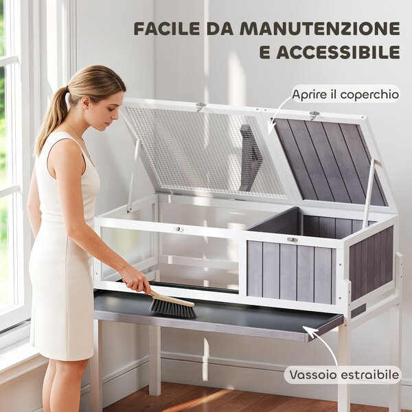 PawHut Casetta Tartarughe Rialzata con Divisorio, Vassoio Estraibile, in Legno e PS, 104x53x82 cm, Grigio e Bianco | Aosom Italy